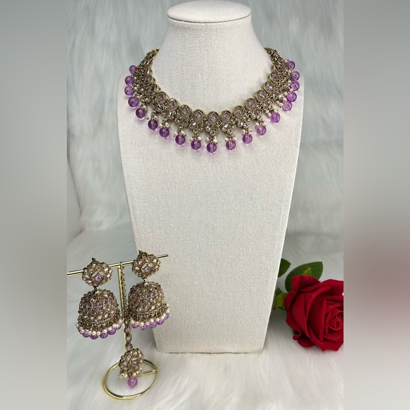 Beautiful Lavender Gold Polki Necklace With Jhumka & Tikka Set - Picture 4 of 10